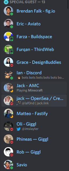 Screenshot of the server's Special Guest role list: Brendan Falk, Eric, Farza, Furqan, Grace, Ian, Jack, Matteo, Oli, Phineas, Rob, Savio